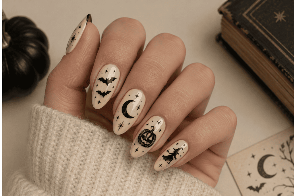 Black & Cream Vintage Halloween Nails